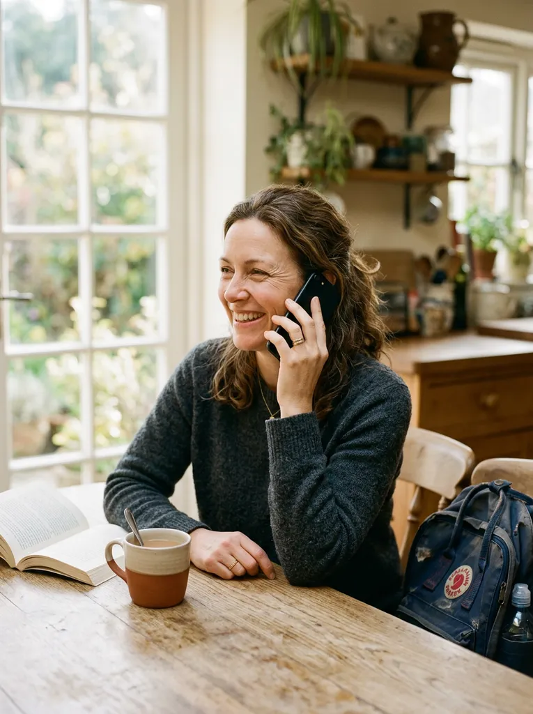 A smiling parent on the phone at a kitchen table with a cup of tea