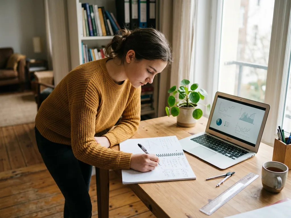 A teenager in a mustard sweater writing in a notebook beside a laptop