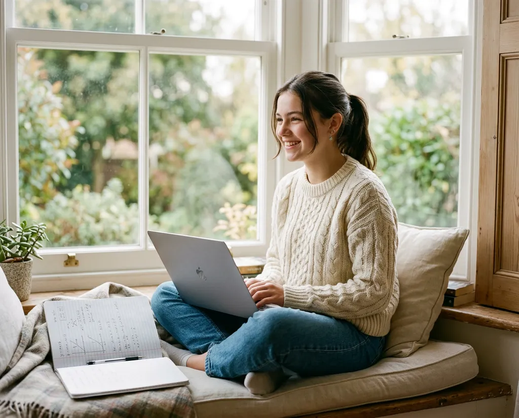 A smiling teenager on a window seat, working through math on a laptop with a notebook beside her