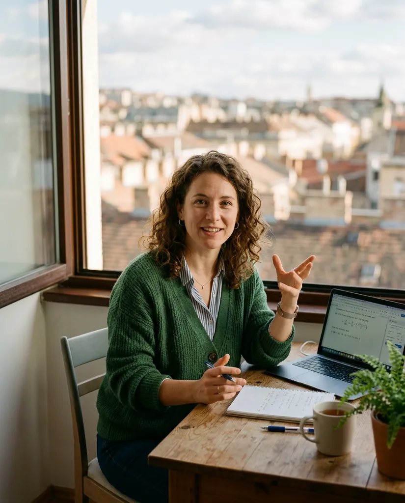 A tutor in a green cardigan gesturing warmly at a desk by a window