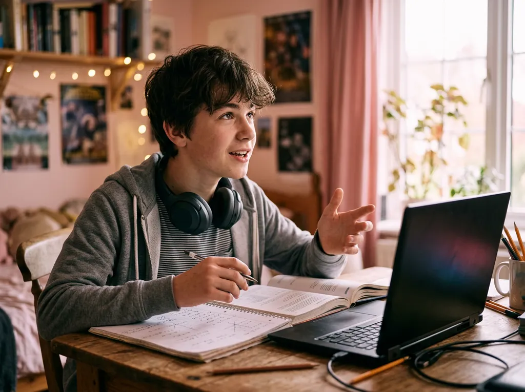A teenager at a desk with a laptop and an open notebook, talking through a problem