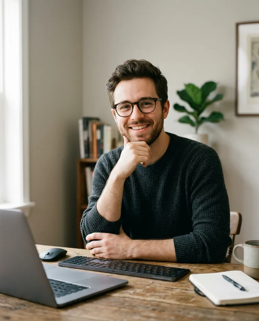 A tutor with glasses smiling at a desk
